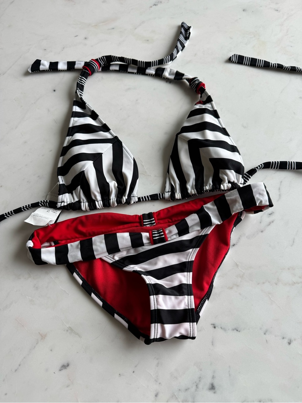Volcom Bathing Suit - Black & White Striped Reversible Bikini Top + Bottom S-M